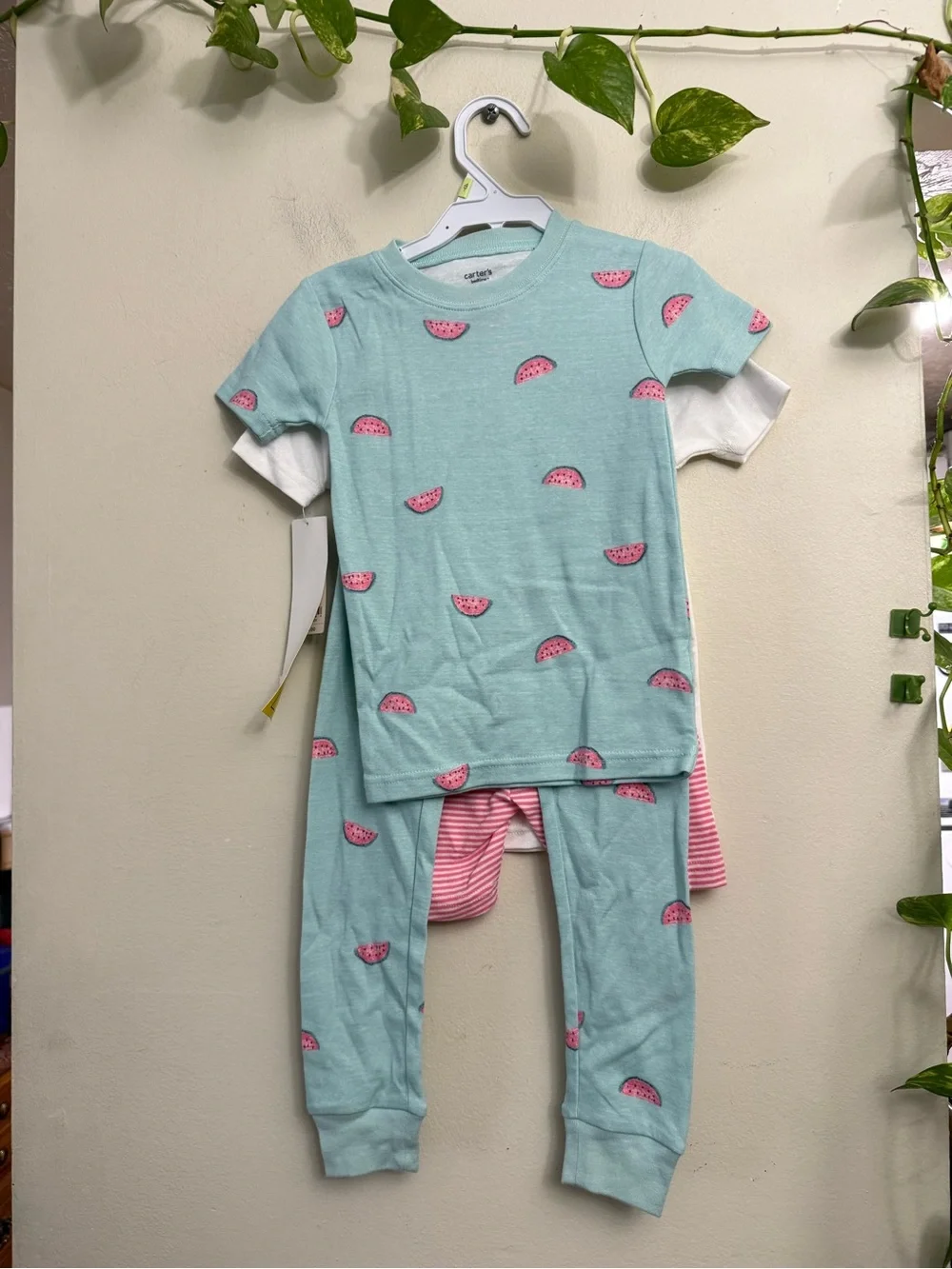 Carter's White Tee & Mint Watermelon Pajama Set with Pink Accents